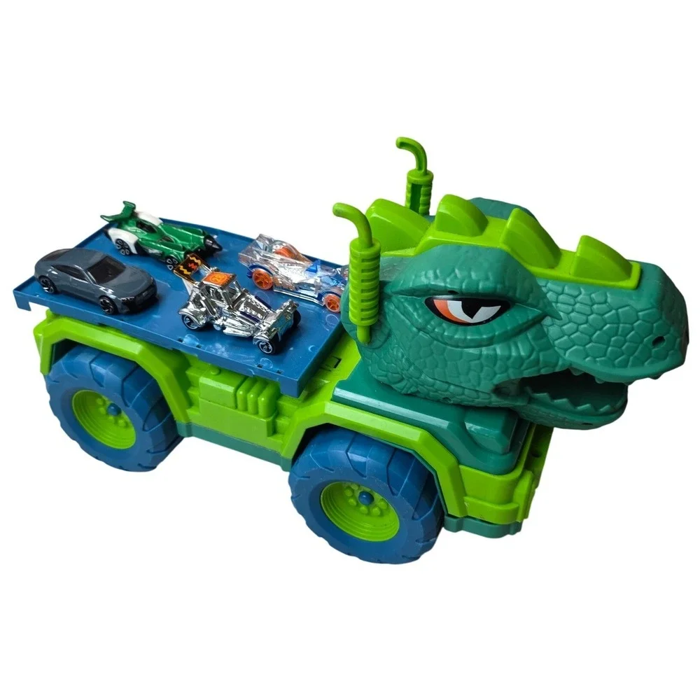 Hot Wheels Monster Trucks T-Rex Transporter Hauler Toy with‎ 4 Die-Cast Cars G1